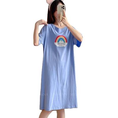 China Summer New Cotton Short Sleeve Breathable Student Short Loose Pajamas Medium Length Nightgown for sale