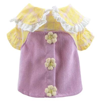 China Wholesale Dog Spring Lace Flower Casual Wear Viable Yellow Purple And Collar Pet Slim Biped Clothing Summer Style Coat for sale