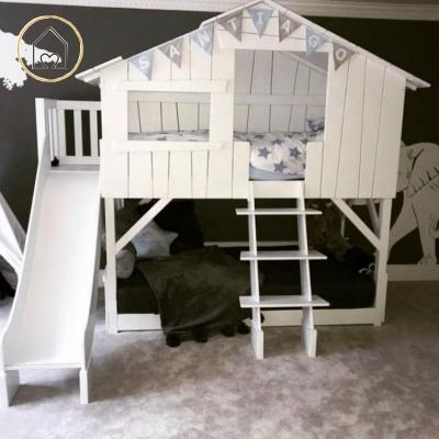 China Modern Children's House Playhouse Bedroom Furniture White Wood Wooden Loft Bed With Slide for sale