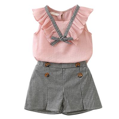 China Kid Casual Girl Clothing Summer Set Hot Girls Chiffon Vest + Plaid Shorts Two Piece Suit Lil Girls Clothing for sale