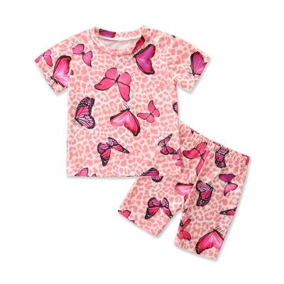 China Casual Summer Pink Leopard Print Babies Clothing Sets Butterfly Casual Girls Clothing Sets (Old) for sale