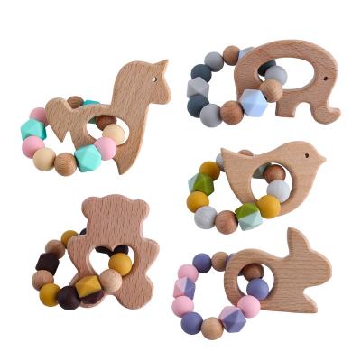 China Animal Wooden Ring Baby Wooden Teether Rings For Baby Organic Silicone Bead Chewable Baby Stroller Accessories for sale