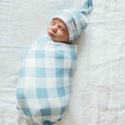 China European and American Style Newborn Baby Lattice 2 Piece Set Knot Hat Baby Wrap Blankets Wraps Newborn Baby Bedding for sale