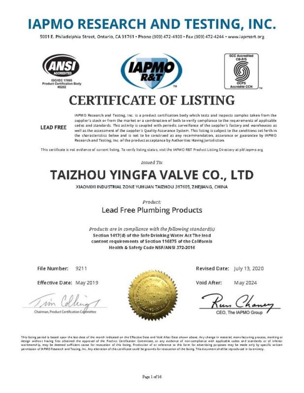 NSF - Taizhou Yingfa Valve Co., Ltd.