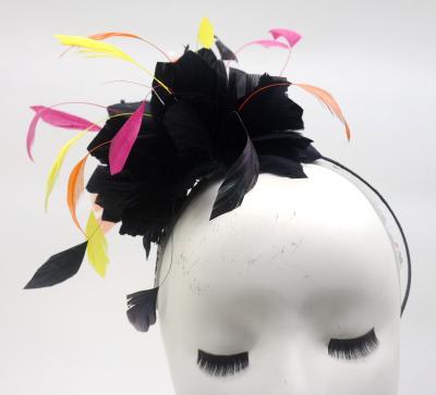 China 10x20cm Chicken Feather Headband Flower With Stripped Coque And Goose Feather for sale