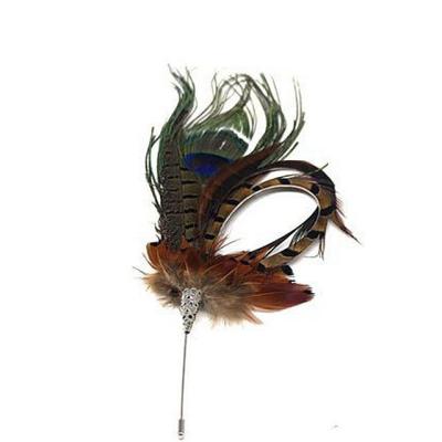 China Decoración de traje teñido Pin de sombrero de plumas de pavo real con accesorio 5x10 Cm en venta