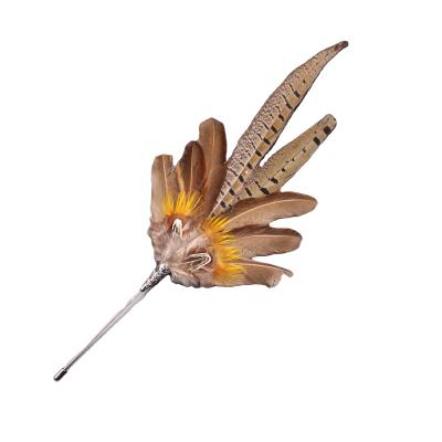 China Dyed Pheasant Feather Flower Mount Brass Brooch in 10*30 cm size for fashion statement for sale