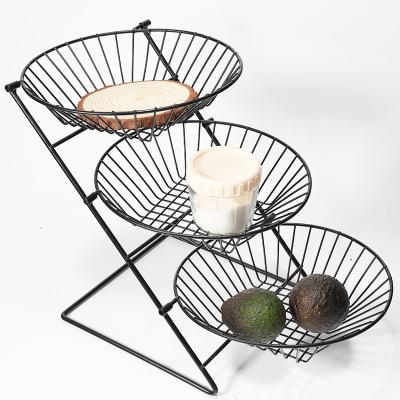 China Storage 3 Tier Countertop Kitchen Metal Iron Wire Fruit Storage Basket With Wooden Handle for sale