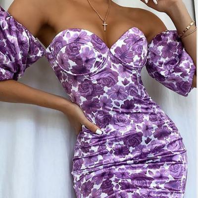 China streetweear wrap anti-static chest print fashion bubble sleeve backless hip dress for sale