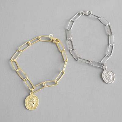 China 2019 TRENDY Fashion Lenk Antique Coin Disc Pendant Chain Bracelet 925 Silver for sale