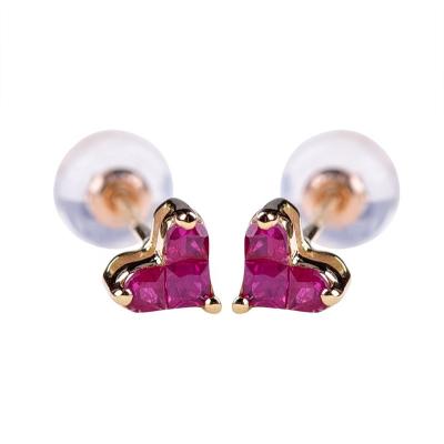 China Wholesale Romantic 18K Yellow Solid Gold Natural Red Ruby Love Heart Stud Earrings for sale