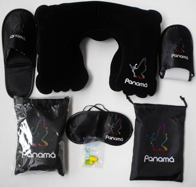 China Traveling on Airplanes Custom Factory Made Inflatable Pillow Kit, Earplugs, Slippers, Sleep Visor, Bag with Logo for sale