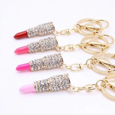 China R098 fashion full metal rhinestone red lipstick promotion gift bag pendant key chain for woman gift for sale