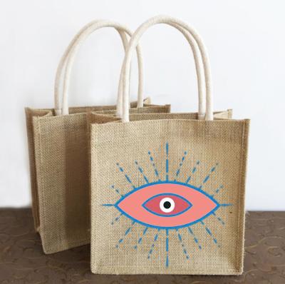 China Natural Evil Eye Jute Multifunctional Waterproof Liner Beach Bag Reusable Great Shopping Tote Bags for sale