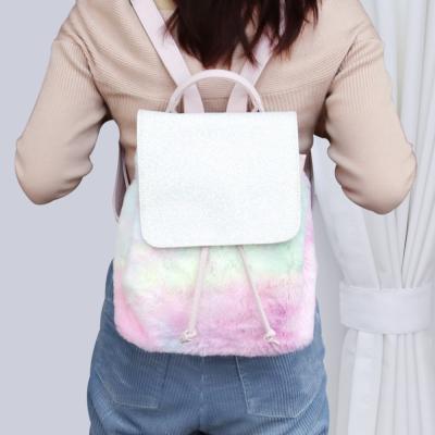 China Colorful Rainbow Velvet School Bag Mochila Escolares Plush Drawstring Backpack Girls College Durable Custom Notebook Bag for sale