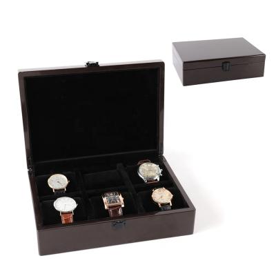 China Watch Packaging Watch Storage FUREN 6 Display Slots Lined Velvet With Hardware Lock Band Packaging Wooden Watch Box for sale