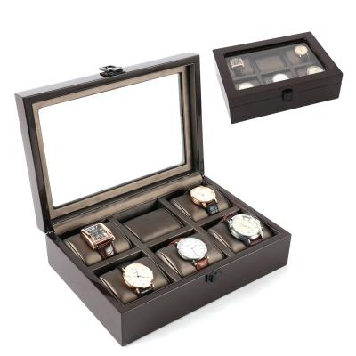 China FUREN Classic Luxury 6 Slots Lock Top Glass Liner Leather Watch Boxes Pack Luxury Wooden Watch Box for sale