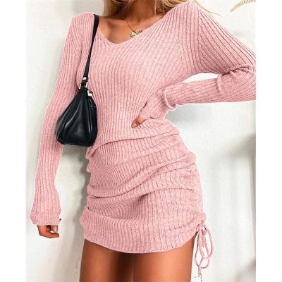 China Autumn and winter yarn V-neck sweater autumn and winter breathable knitted long-sleeved sexy thin skirt pleated drawstring bottoming skirt for sale