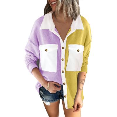 China European and American women's breathable long-sleeved shirt women's contrast color cardigan jacket women's plush shirt women's new for sale