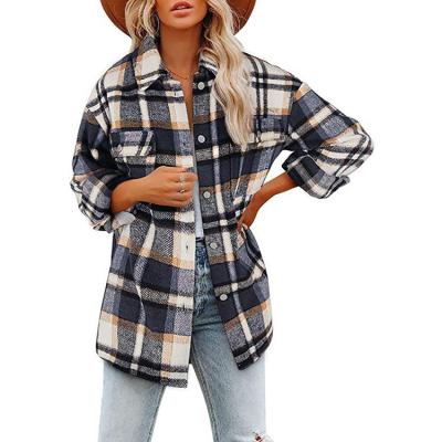 China Autumn New Women Turn Down Collar Spring Button Pocket Breathable Casual Loose Plaid Printed Coat for sale