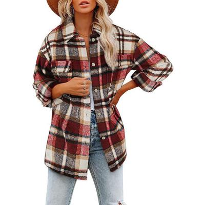 China Spring Breathable Plus Size Loose Plaid Lapel Long Sleeve Women's New Wool Straight Cardigan Top for sale