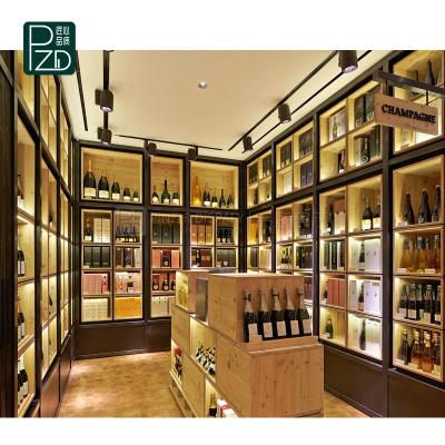 China High-end Furniture Shops Red Wine Display Rack Liquor Showcase With LED Light Wine Shop Furniture Wooden Wine Display Cabinet for sale