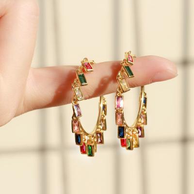 China Rainbow Glitter Multicolor Zircon 18k Yellow Gold Plated Dangle Drop Tassel Square Charm Big Round Circle Earrings For Women for sale