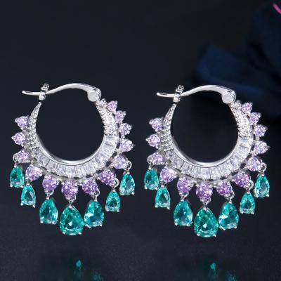 China Elegant Purple Blue CZ Crystal Dangle Water Drop Tassel Circle Sparkle Earrings For Women Shape Bridal Wedding Boho Jewelry for sale