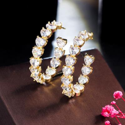 China Elegant Sparkle Genuine White Love Heart Cut Real Zircon C Shaped Big Round Circle Hoop Earrings For Women Gold Plated Jewelry for sale