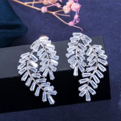 China Trendy Elegant Zircon Stone Square Shape Leaf Shape Design Brand Brand Stud Earrings Large Sparkle Jewelry For Women Silver Plated for sale