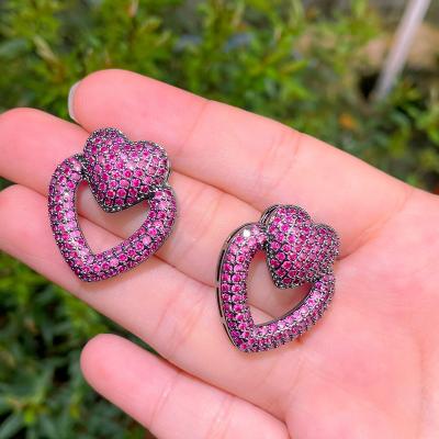 China Twinkle Geometric Double Heart Shape Big Hot Pink Red Zircon Stud Earrings For Women Engagement Jewelry Accessories Gift for sale