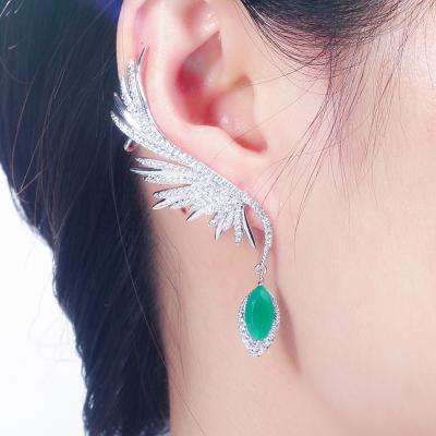 China Full Luxury Glitter Zircon Pave Popular Big Long Feather Wing Ear Stud Drop And Cuff Climber Earrings For Women Unique Jewelry for sale