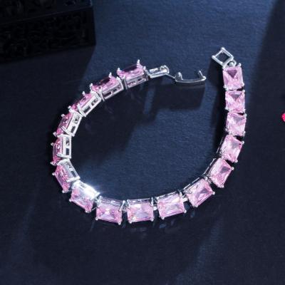 China Stunning Rectangle Pink Zircon Tennis Glitter Bracelets For Women Luxury CZ Wedding Party Bridal Jewelry Gift for sale