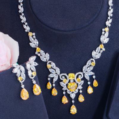 China High Quality Yellow Zircon Sparkle Stone African Luxury Dangle Drop Tassel Wedding Necklace Jewelry Sets For Brides for sale