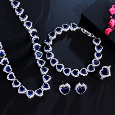 China Big Sparkle Dark Blue Zircon Love Heart Brides Wedding Bracelet Ring Jewelry Necklace Earring Sets For Women Birthday Party for sale