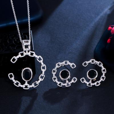 China 8 Colors Fashion Glitter Jewelry Set Black CZ Crystal Half Round Circle Moon Chain Link Women Cuban Memorial Day Earrings and Necklace for sale