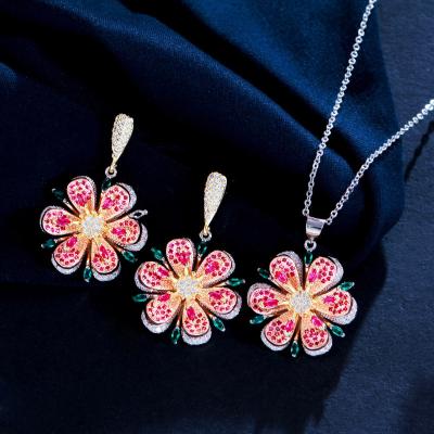 China Cute Sparkle Leaf Rose Flowers Drop Earring Red Crystal Trendy Floral Jewelry Set Vivid 3D Zircon And Pendant Necklace For Women for sale