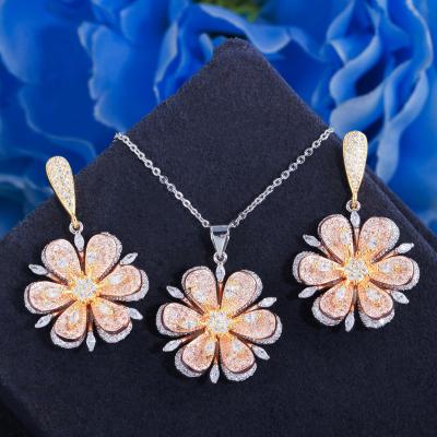 China Geometric 3D Design Zircon 3 Tone Silver Plated Flower Drop Sparkle Earring And Necklace For Women Engagement CZ Jewelry Sets for sale