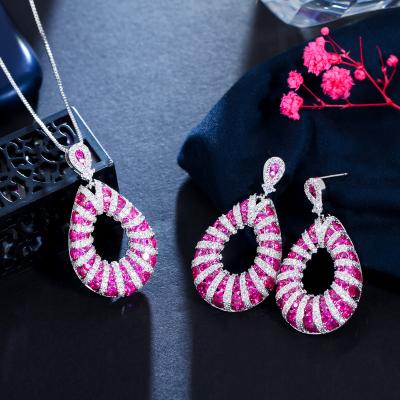 China Sparkle Micro Pave Excellent Fuchsia Red Zircon For Dangle Necklace Teardrop Drop Earring Pendant Jewelry Set For Women Party Prom for sale