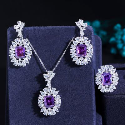 China Romantic Sparkle Multi Colors Crystal Purple Cubic Zircon Oval Round Necklace Shape Earrings and Ring Jewelry Sets Pendant For Women for sale