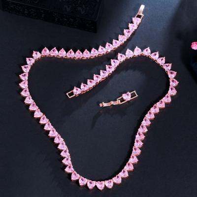 China Cute Romantic Rose Gold Plated Pink Cubic Zirconia Love Heart Tennis Choker Necklace Glitter Jewelry For Women Engagement Dating Gift for sale