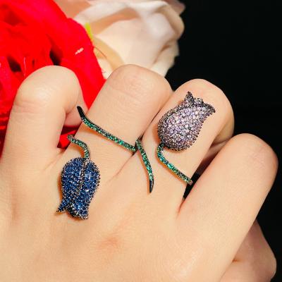 China Black Sparkle Gun Plated Pink Cubic Zircon CZ Beautiful Royal Blue Rose Flower Engagement Open Ring For Ladies Party Wear Accessories for sale