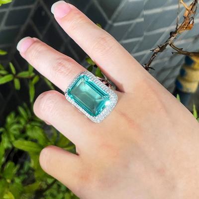 China Sparkle Silver Plated Royal Green Ice Out Big Square Princess Cut Cubic Zircon Wedding Adjustable Size Engagement Ring For Women Jewelry for sale