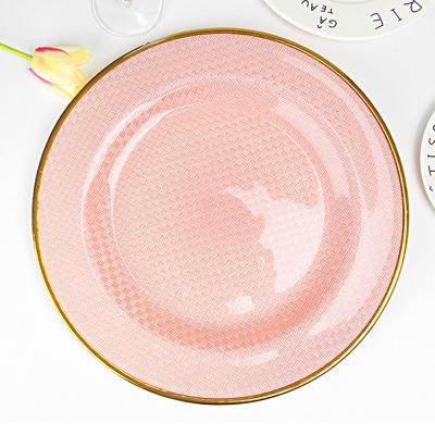 China Sustainable Stock Colored Blue Pink Gold Glass Charger Dishes for sale