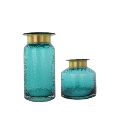 China CLASSIC Wholesale Gold Rim Blue Embossed Modern Glass Vases for sale