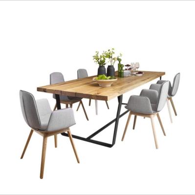 China Wood Dining Table Set Modern 8 Seater Dining Room Furniture With Wood Top Black Metal Leg for sale