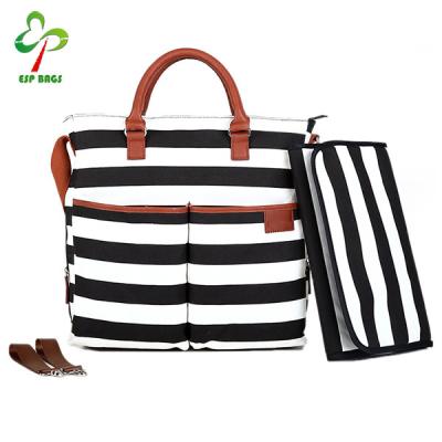 China Mommy's Black and White Baby Canvas TOW BAG Stripe Diaper Changing Bag with Matching Mat Pad Tan Trim for sale