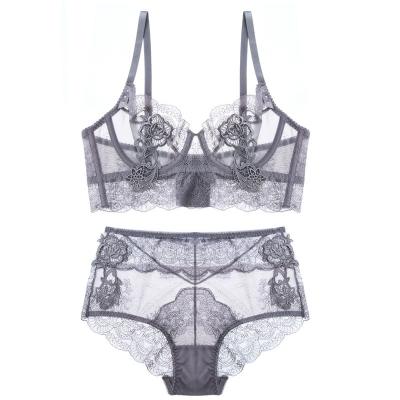 China French lace underwear set no sponge bra set hollow and penty perspective thin bra QUICK DRY for sale