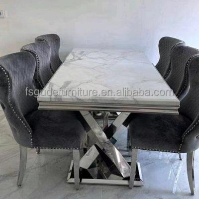 China New Arrival Modern Stainless Steel Legs Dining Furniture Marble Top Dining Table For Event Wedding Rent Silver for sale