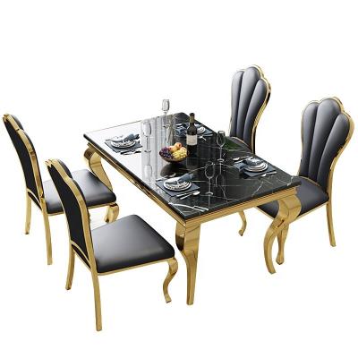 China Modern New Design Artificial Marble Top With 6/8/10 Leg Seats Steel Dining Table for sale